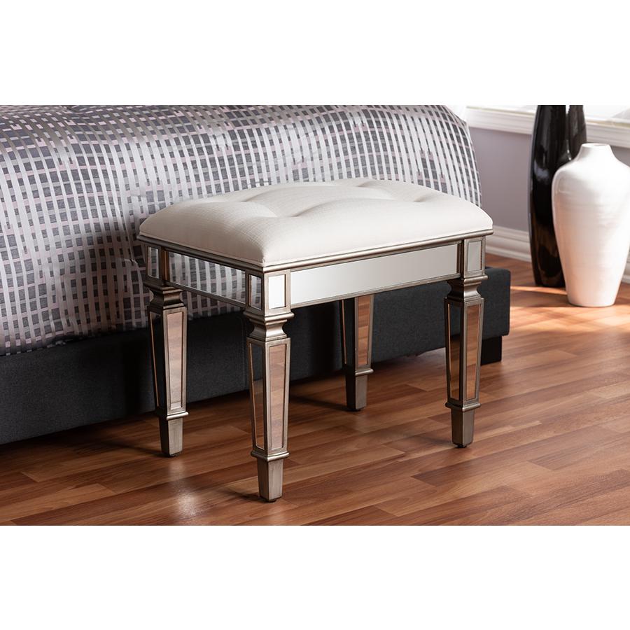 Marielle Hollywood Regency Glamour Style Off White Fabric Upholstered Mirrored Ottoman Vanity Bench. Picture 2