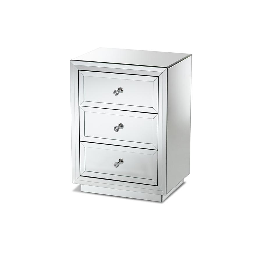 Lina Modern and Contemporary Hollywood Regency Glamour Style Mirrored Three Drawer Nightstand Bedside Table. Picture 1