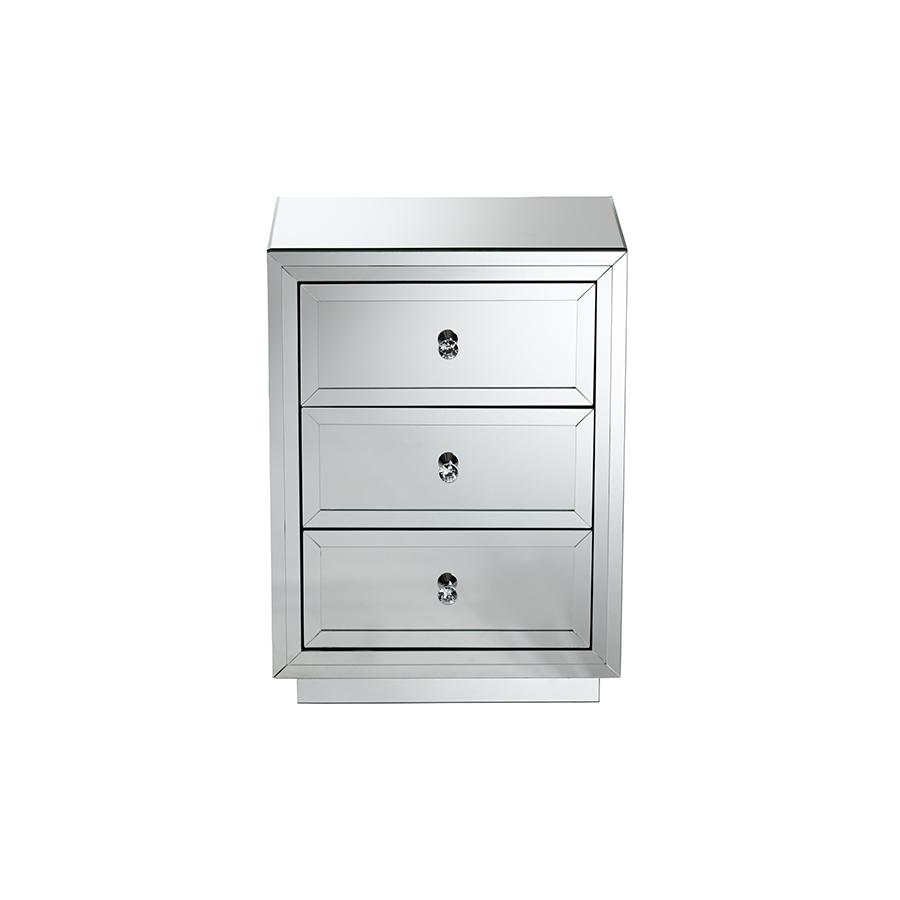 Lina Modern and Contemporary Hollywood Regency Glamour Style Mirrored Three Drawer Nightstand Bedside Table. Picture 3