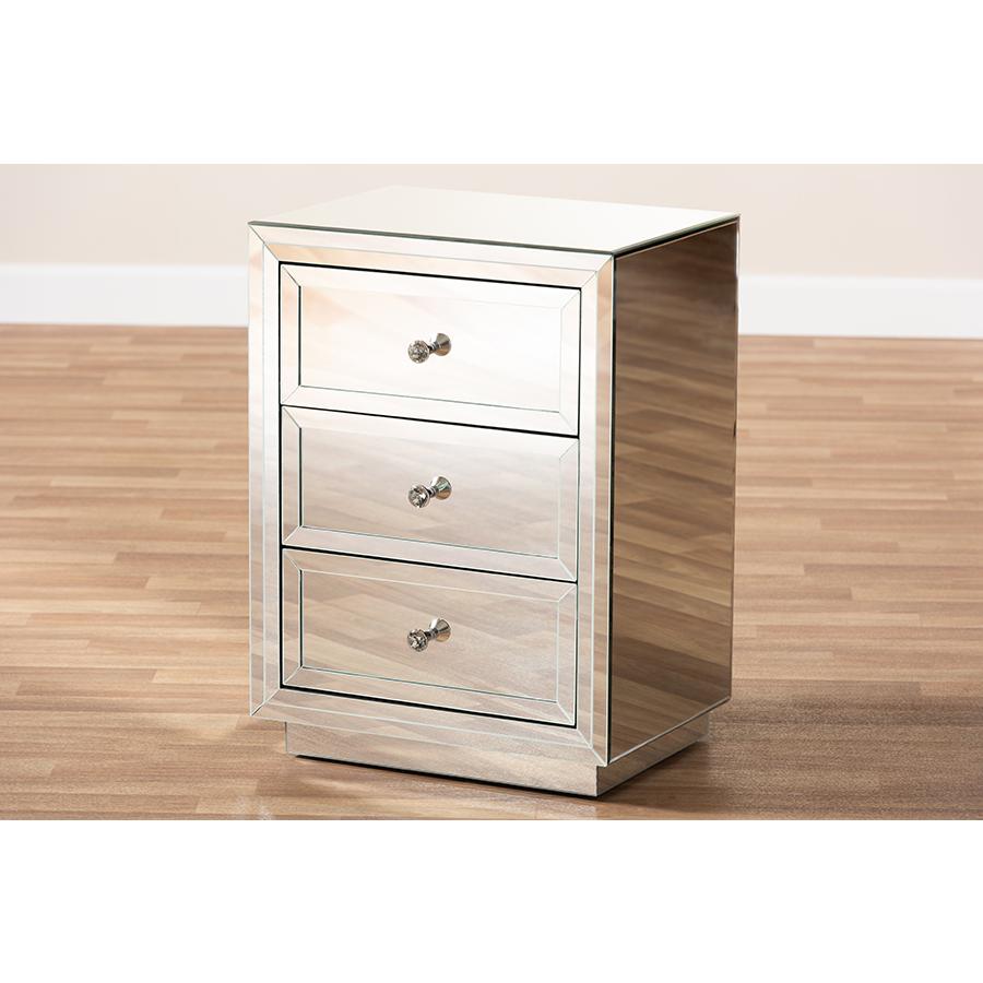Lina Modern and Contemporary Hollywood Regency Glamour Style Mirrored Three Drawer Nightstand Bedside Table. Picture 7