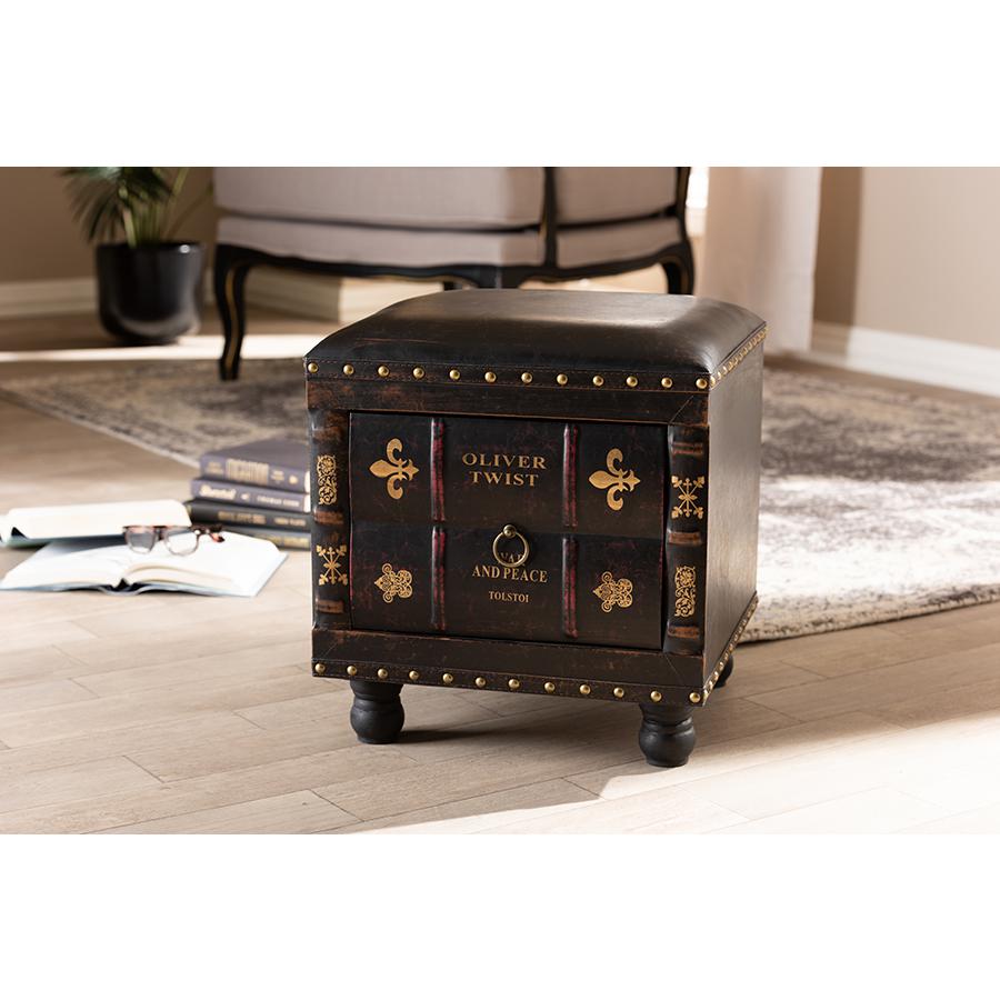 Baxton Studio Charlier Rustic Antique Inspired Dark Brown Faux Leather Upholstered Wood Storage Ottoman with Book Spine Drawer. Picture 8