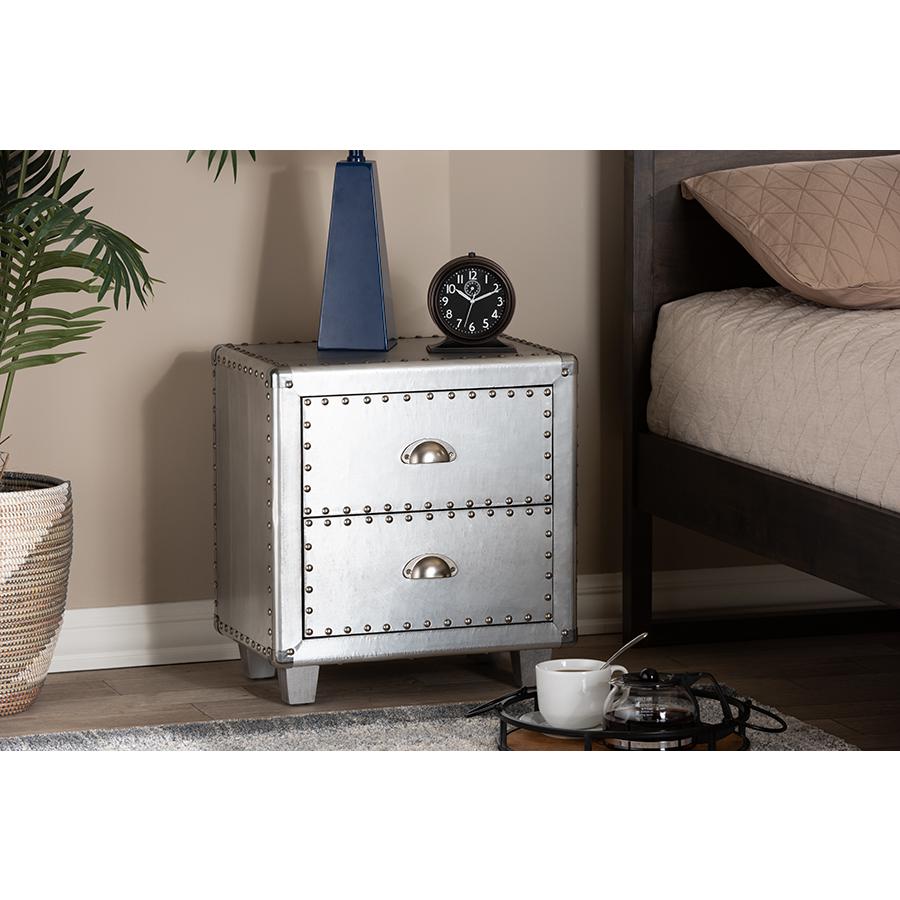 Baxton Studio Davet French Industrial Silver Metal 2 Drawer Nightstand