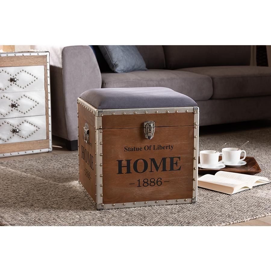Baxton Studio Violetta Vintage Industrial Light Gray Fabric Upholstered Wood Storage Trunk Ottoman. Picture 8