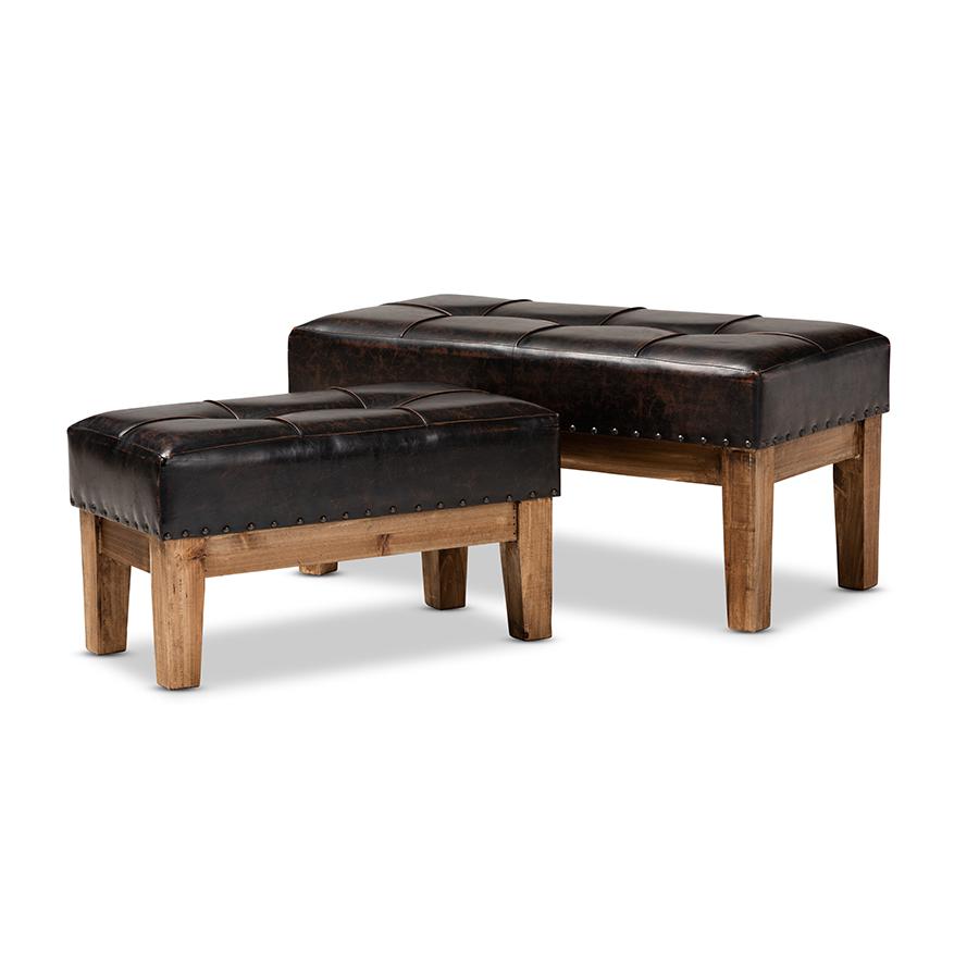 Baxton Studio Lenza Rustic Dark Brown Faux Leather Upholstered 2-Piece Wood Ottoman Set. Picture 2