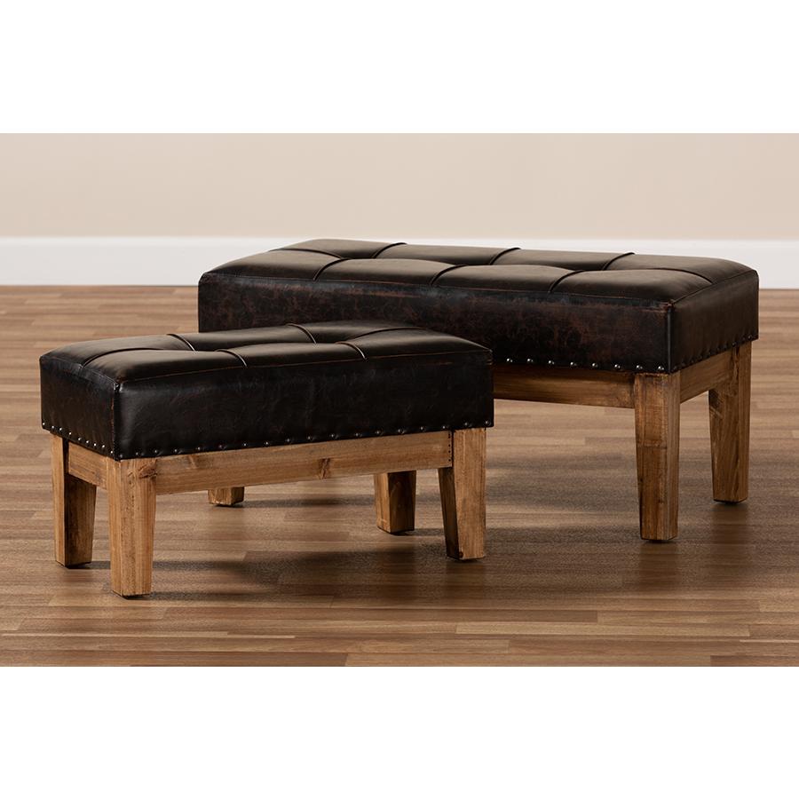 Baxton Studio Lenza Rustic Dark Brown Faux Leather Upholstered 2-Piece Wood Ottoman Set. Picture 8