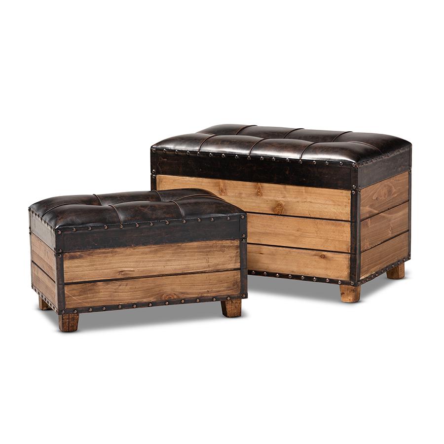 Baxton Studio Marelli Rustic Dark Brown Faux Leather Upholstered 2-Piece Wood Storage Trunk Ottoman Set. Picture 2