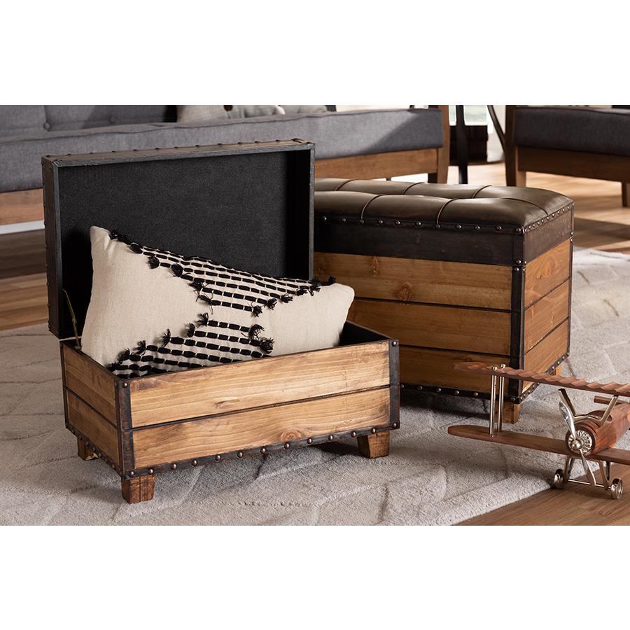 Baxton Studio Marelli Rustic Dark Brown Faux Leather Upholstered 2-Piece Wood Storage Trunk Ottoman Set. Picture 1