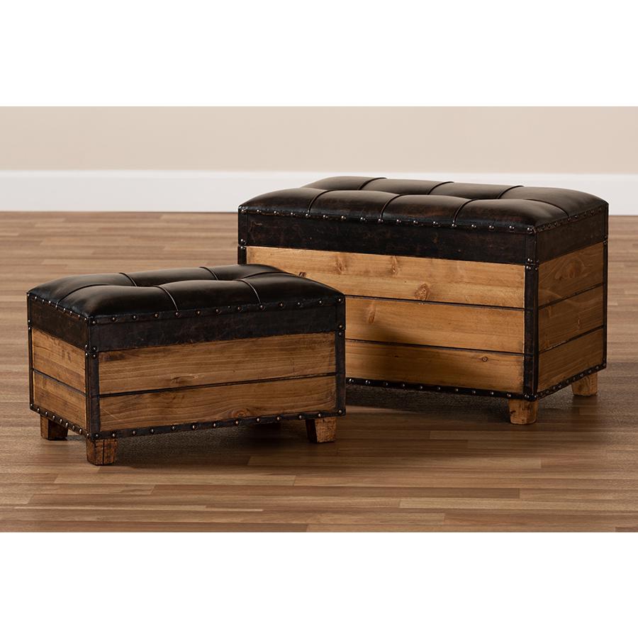 Baxton Studio Marelli Rustic Dark Brown Faux Leather Upholstered 2-Piece Wood Storage Trunk Ottoman Set. Picture 12
