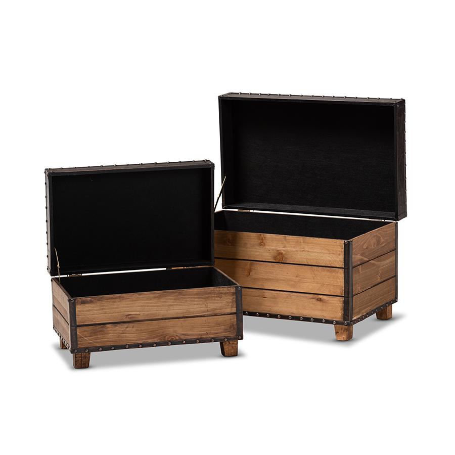 Baxton Studio Marelli Rustic Dark Brown Faux Leather Upholstered 2-Piece Wood Storage Trunk Ottoman Set. Picture 3
