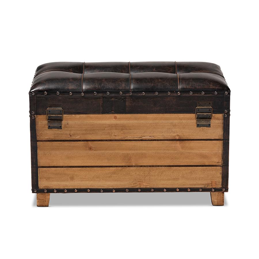 Baxton Studio Marelli Rustic Dark Brown Faux Leather Upholstered 2-Piece Wood Storage Trunk Ottoman Set. Picture 7