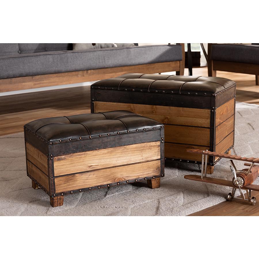 Baxton Studio Marelli Rustic Dark Brown Faux Leather Upholstered 2-Piece Wood Storage Trunk Ottoman Set. Picture 10