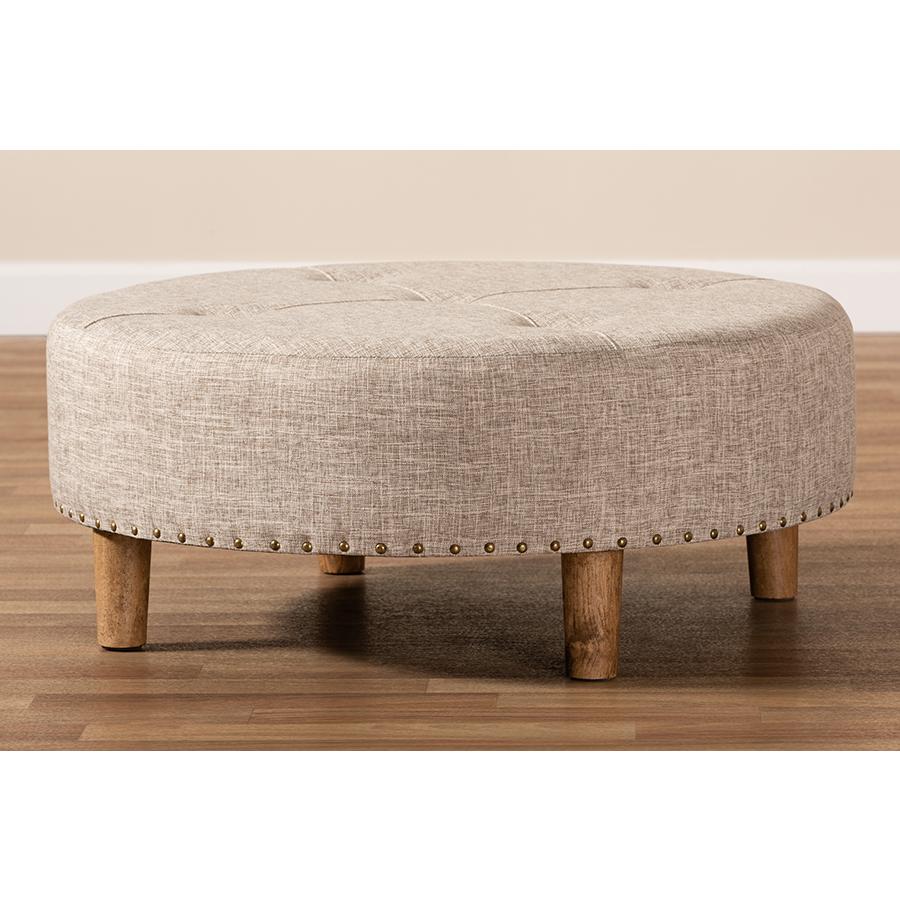 Beige Fabric Upholstered Natural Wood Cocktail Ottoman. Picture 6