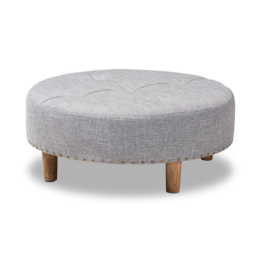 Light Gray Fabric Upholstered Natural Wood Cocktail Ottoman. Picture 1