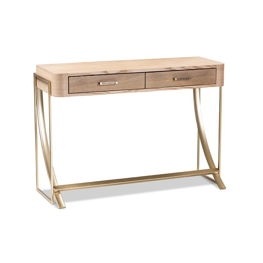 Baxton Studio Lafoy Modern and Contemporary Natural Brown Finished Wood and Gold Finished 2-Drawer Console Table. Picture 2