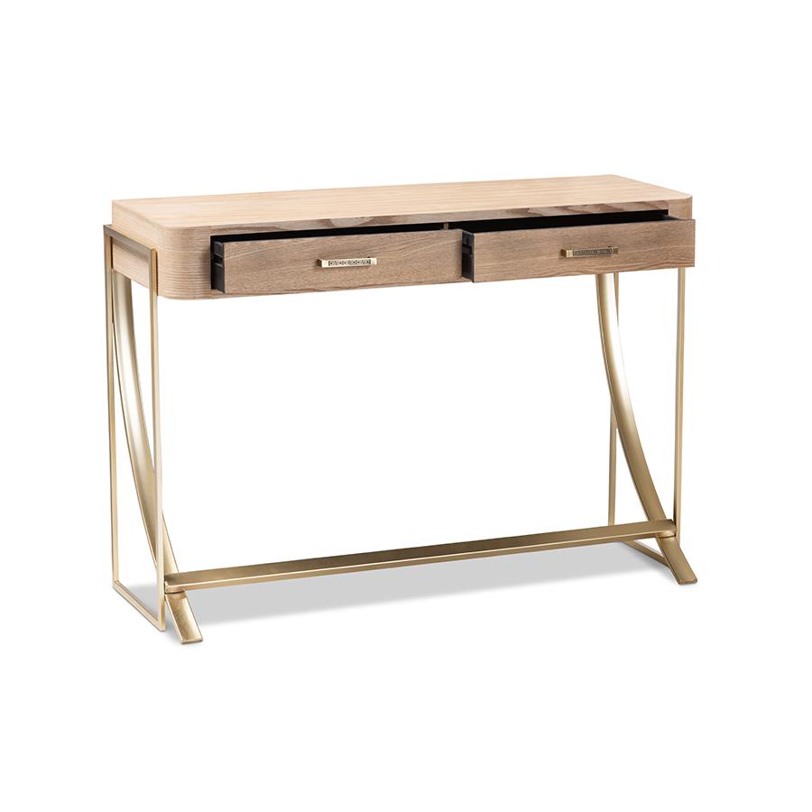Baxton Studio Lafoy Modern and Contemporary Natural Brown Finished Wood and Gold Finished 2-Drawer Console Table. Picture 3