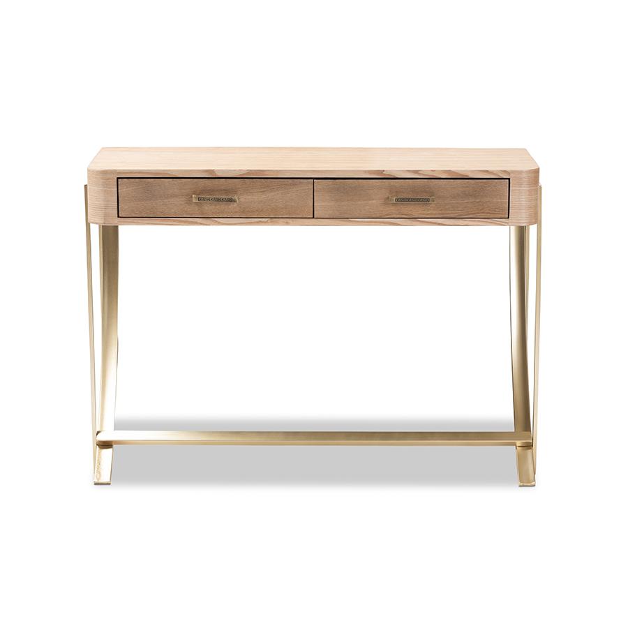 Baxton Studio Lafoy Modern and Contemporary Natural Brown Finished Wood and Gold Finished 2-Drawer Console Table. Picture 4