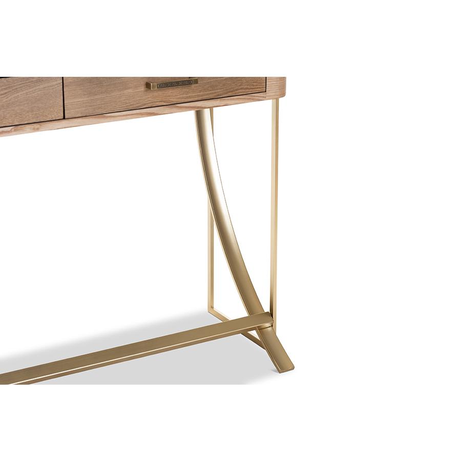 Baxton Studio Lafoy Modern and Contemporary Natural Brown Finished Wood and Gold Finished 2-Drawer Console Table. Picture 7