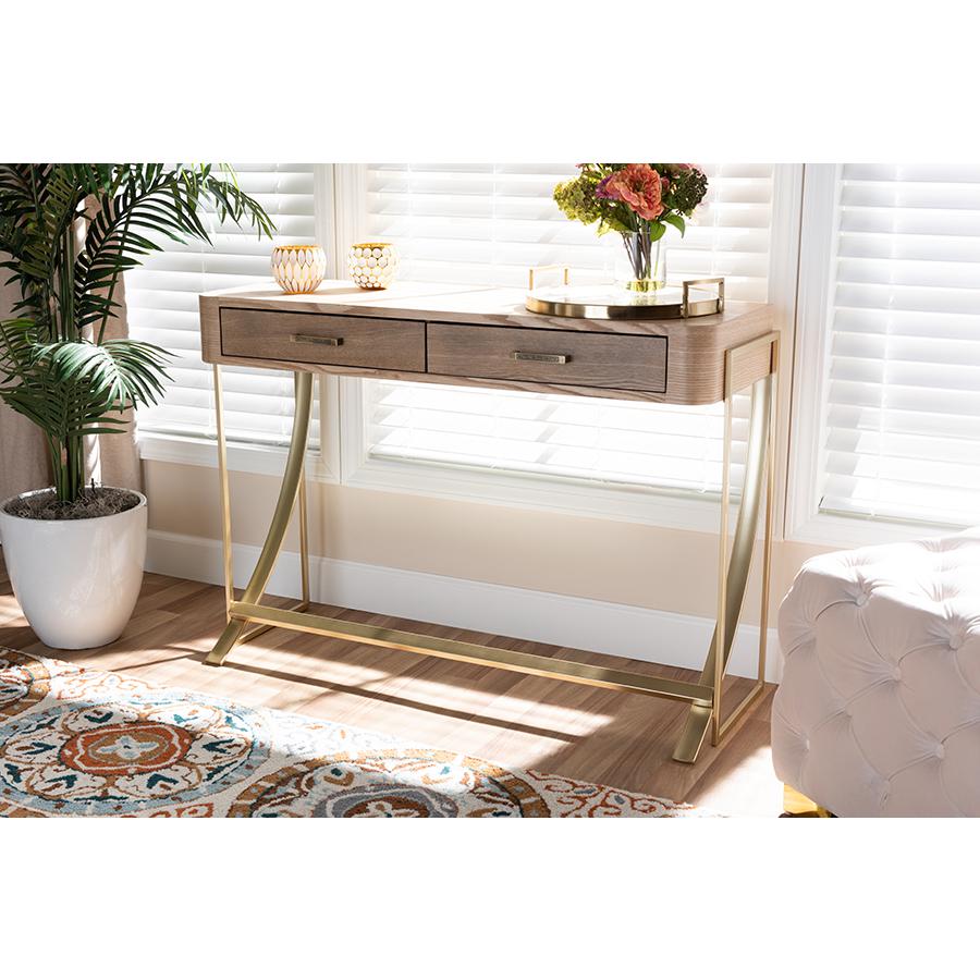Baxton Studio Lafoy Modern and Contemporary Natural Brown Finished Wood and Gold Finished 2-Drawer Console Table. Picture 1