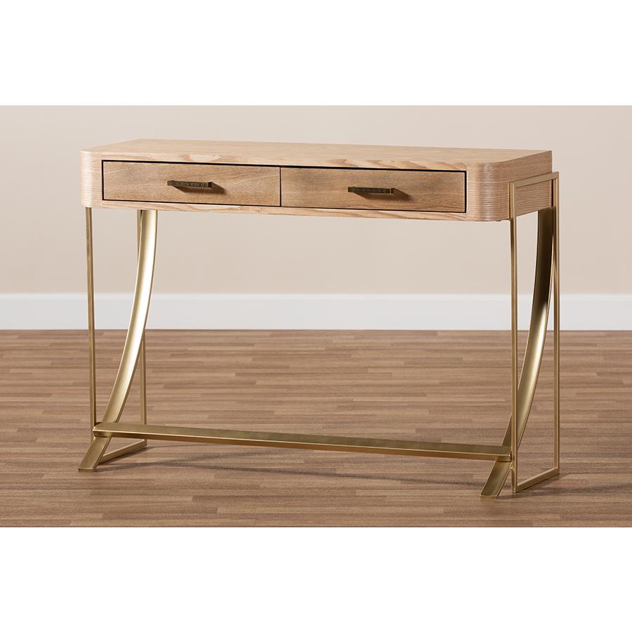 Natural Brown Finished Wood and Gold Finished 2-Drawer Console Table. Picture 8