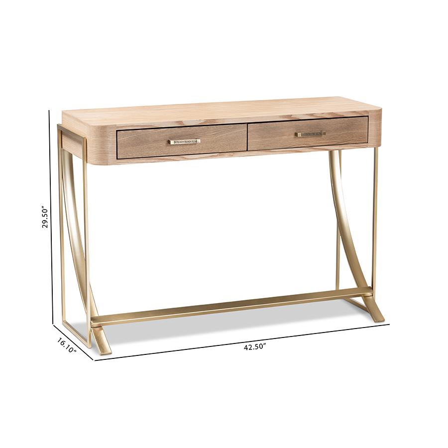 Baxton Studio Lafoy Modern and Contemporary Natural Brown Finished Wood and Gold Finished 2-Drawer Console Table. Picture 10