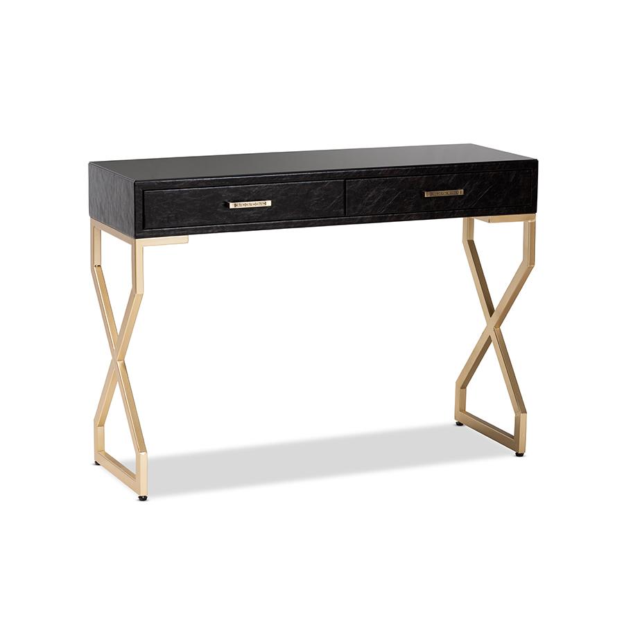 Dark Brown Faux Leather Upholstered Gold Finished 2-Drawer Console Table. Picture 1