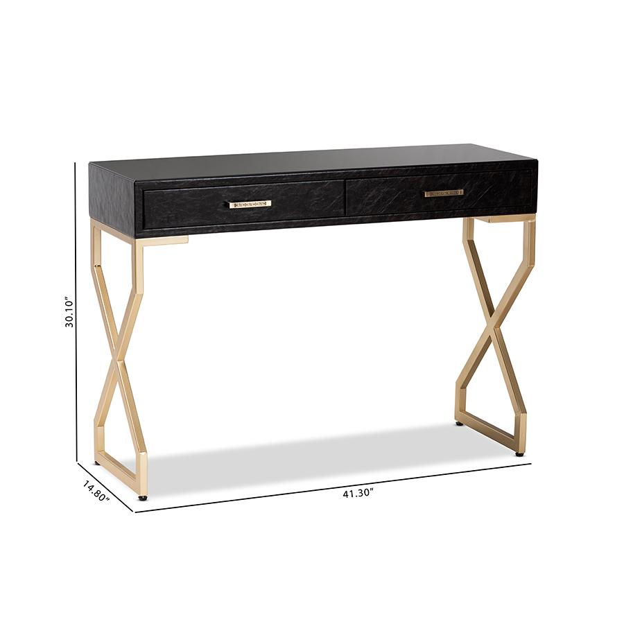 Baxton Studio Carville Modern and Contemporary Dark Brown Faux Leather Upholstered Gold Finished 2-Drawer Console Table. Picture 11