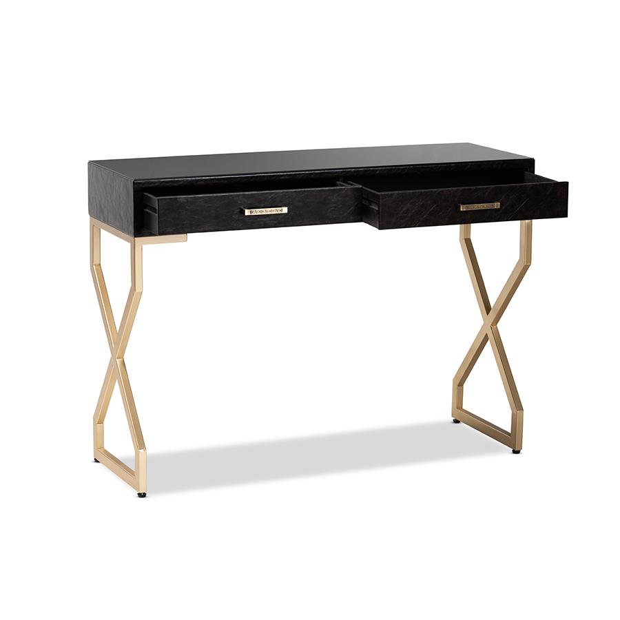 Baxton Studio Carville Modern and Contemporary Dark Brown Faux Leather Upholstered Gold Finished 2-Drawer Console Table. Picture 3