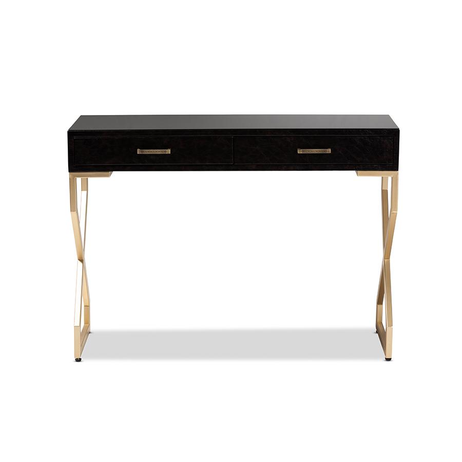Baxton Studio Carville Modern and Contemporary Dark Brown Faux Leather Upholstered Gold Finished 2-Drawer Console Table. Picture 4