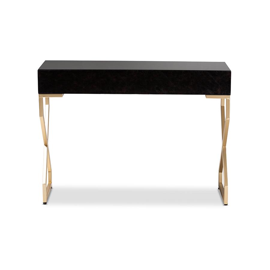 Baxton Studio Carville Modern and Contemporary Dark Brown Faux Leather Upholstered Gold Finished 2-Drawer Console Table. Picture 6