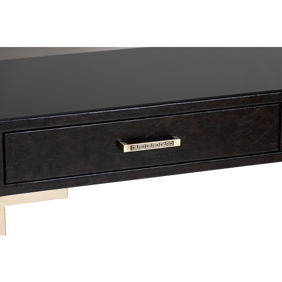 Dark Brown Faux Leather Upholstered Gold Finished 2-Drawer Console Table. Picture 6