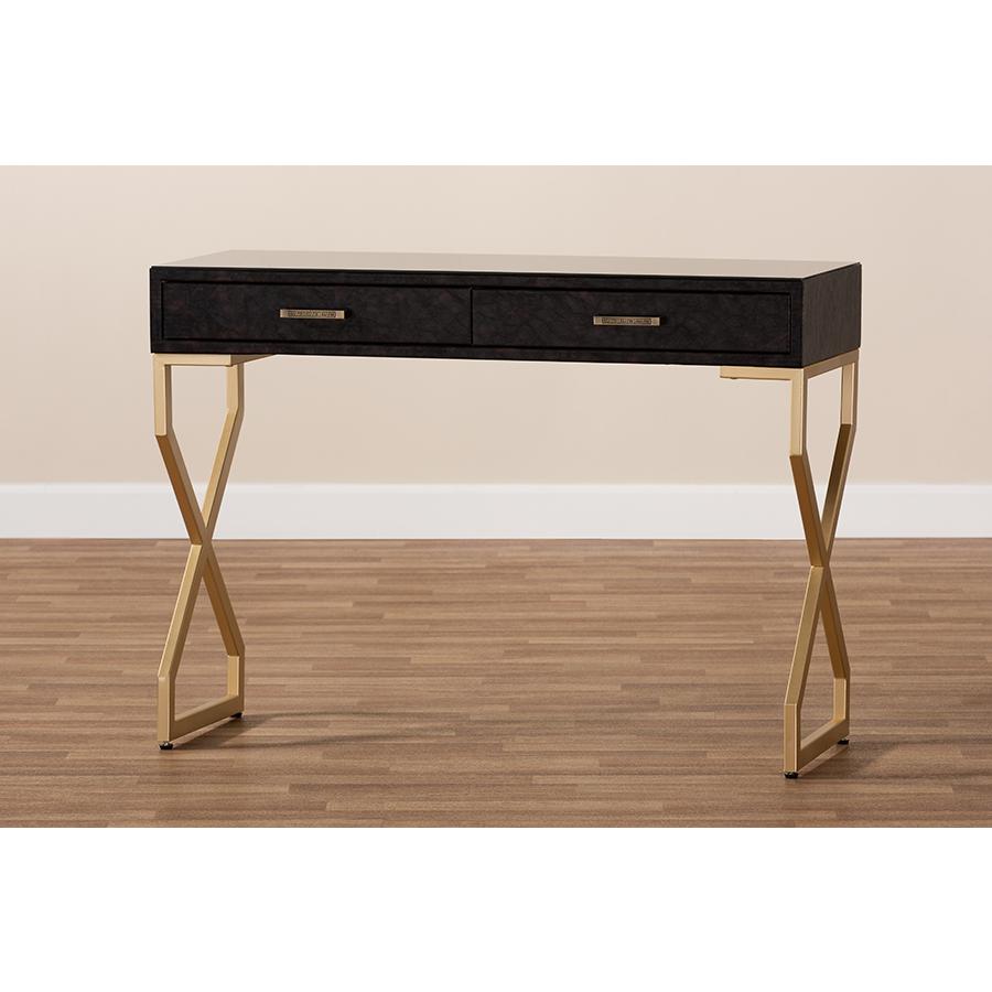 Dark Brown Faux Leather Upholstered Gold Finished 2-Drawer Console Table. Picture 9