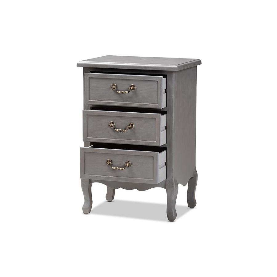 Baxton Studio Capucine Antique French Country Cottage Grey Finished Wood 3-Drawer Nightstand. Picture 3
