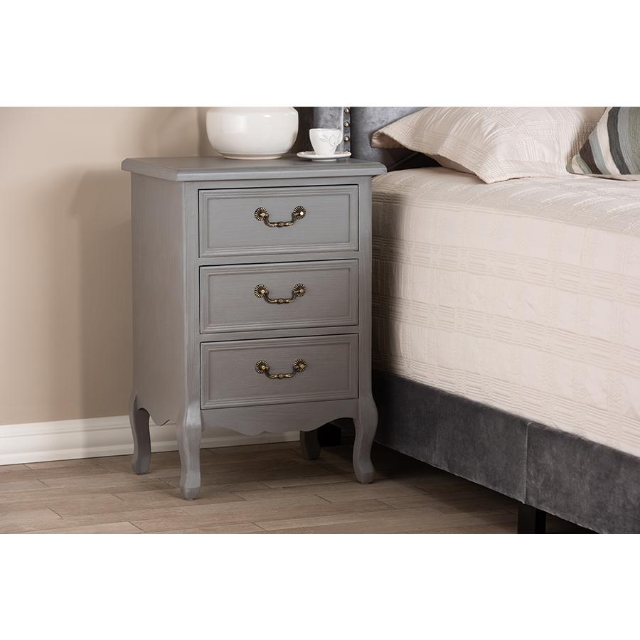 Baxton Studio Capucine Antique French Country Cottage Grey Finished Wood 3-Drawer Nightstand. Picture 1