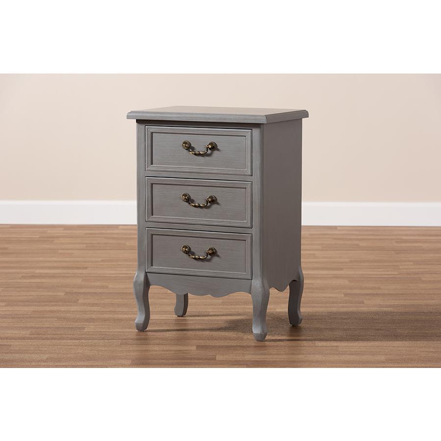 Baxton Studio Capucine Antique French Country Cottage Grey Finished Wood 3-Drawer Nightstand. Picture 9