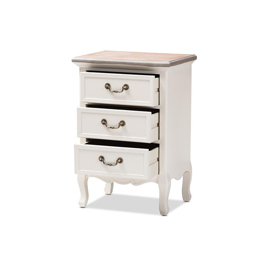 Baxton Studio Capucine Antique French Country Cottage Two Tone Natural Whitewashed Oak and White Finished Wood 3-Drawer Nightstand. Picture 3