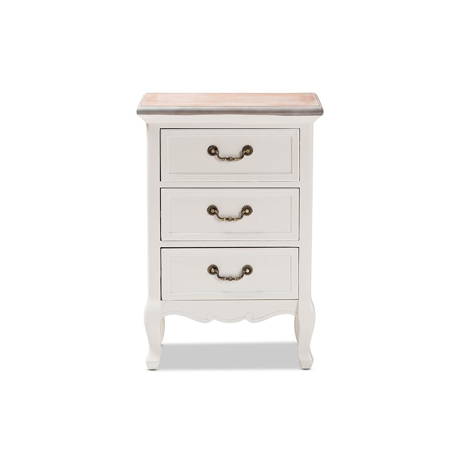 Baxton Studio Capucine Antique French Country Cottage Two Tone Natural Whitewashed Oak and White Finished Wood 3-Drawer Nightstand. Picture 4