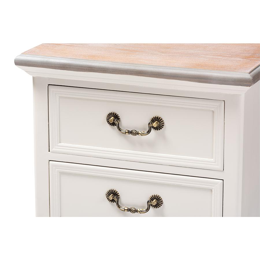 Baxton Studio Capucine Antique French Country Cottage Two Tone Natural Whitewashed Oak and White Finished Wood 3-Drawer Nightstand. Picture 7