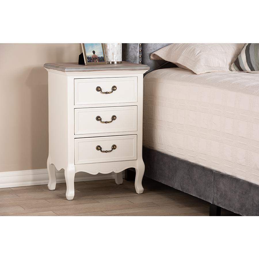 Baxton Studio Capucine Antique French Country Cottage Two Tone Natural Whitewashed Oak and White Finished Wood 3-Drawer Nightstand. Picture 1