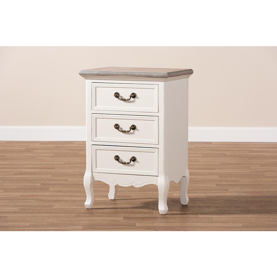 Baxton Studio Capucine Antique French Country Cottage Two Tone Natural Whitewashed Oak and White Finished Wood 3-Drawer Nightstand. Picture 9