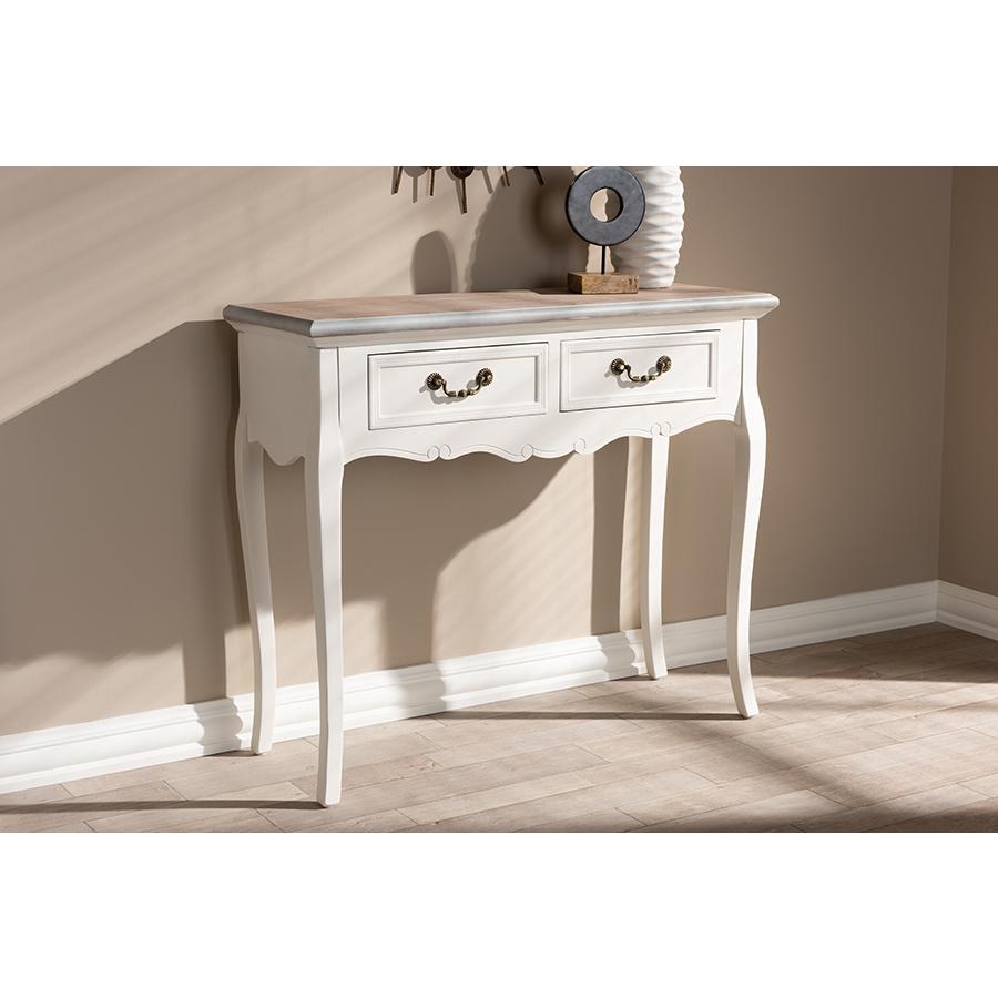 Baxton Studio Capucine Antique French Country Cottage Two Tone Natural Whitewashed Oak and White Finished Wood 2-Drawer Console Table. Picture 1