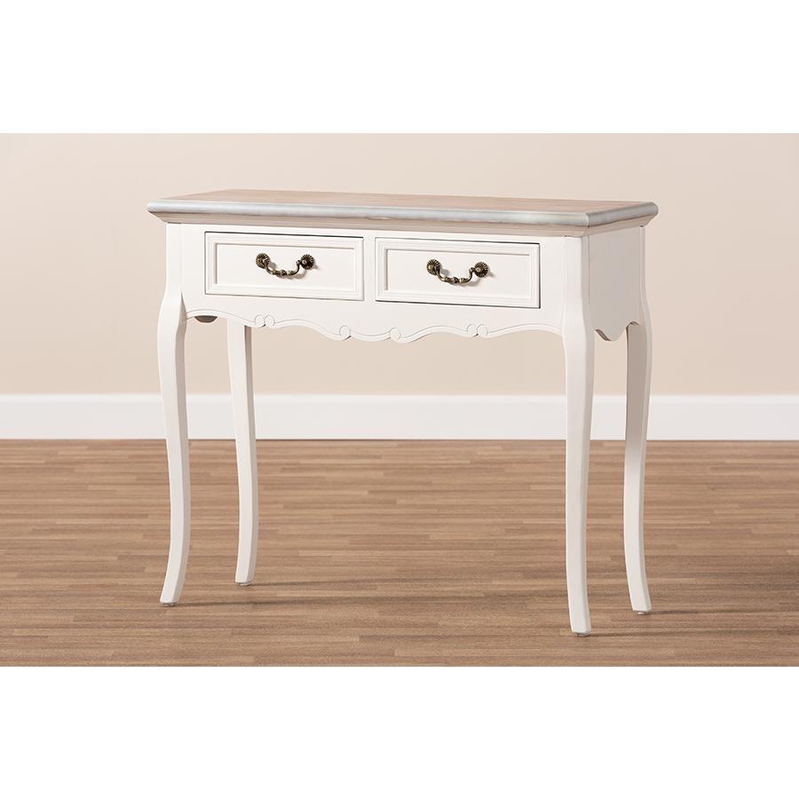 Baxton Studio Capucine Antique French Country Cottage Two Tone Natural Whitewashed Oak and White Finished Wood 2-Drawer Console Table. Picture 9