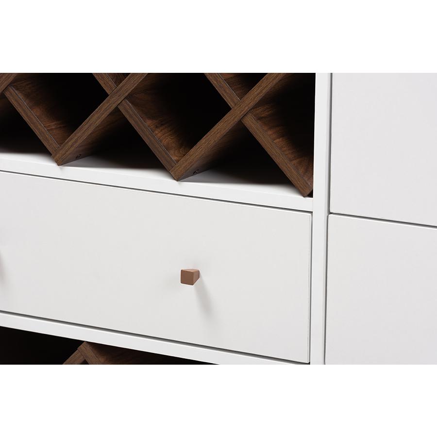 Savino Mid-Century Modern White and Walnut Finished Wood Wine Cabinet. Picture 6