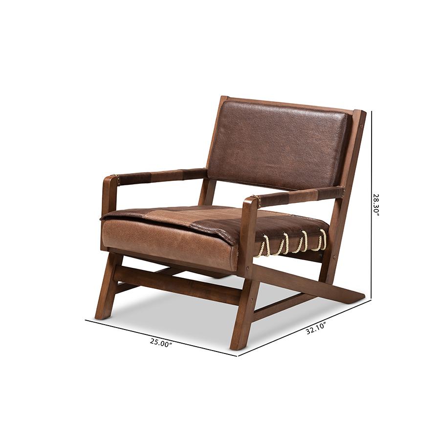 Baxton Studio Rovelyn Rustic Brown Faux Leather Upholstered Walnut Finished Wood Lounge Chair. Picture 11