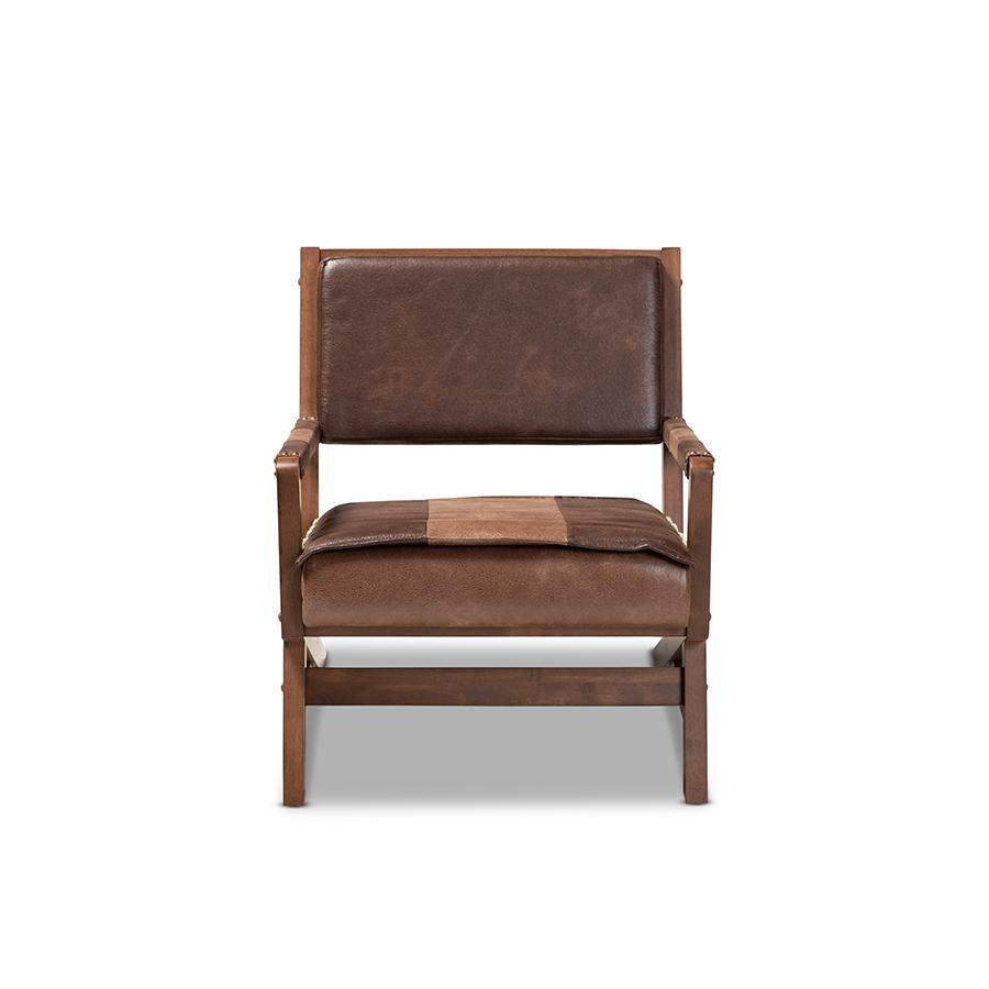 Baxton Studio Rovelyn Rustic Brown Faux Leather Upholstered Walnut Finished Wood Lounge Chair. Picture 3
