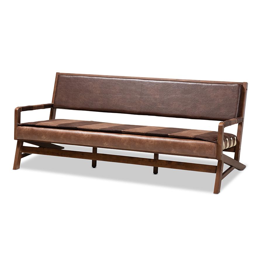 Baxton Studio Rovelyn Rustic Brown Faux Leather Upholstered Walnut Finished Wood Sofa. Picture 2