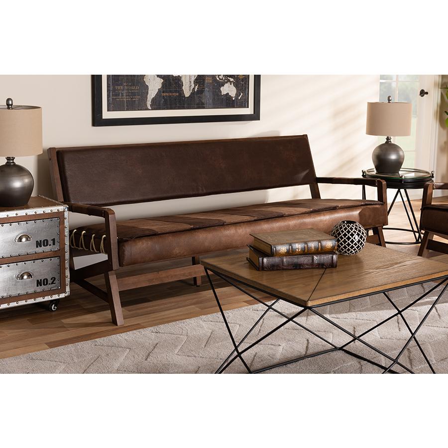 Baxton Studio Rovelyn Rustic Brown Faux Leather Upholstered Walnut Finished Wood Sofa. Picture 1