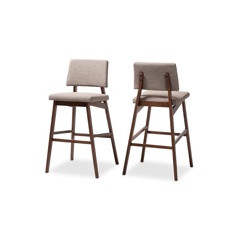 Light Gray Fabric Upholstered and Walnut-Finished Wood Bar Stool Set of 2. Picture 1
