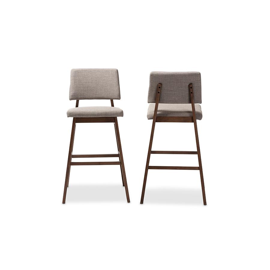 Baxton Studio Colton Mid-Century Modern Light Gray Fabric Upholstered and Walnut-Finished Wood Bar Stool Set. Picture 3