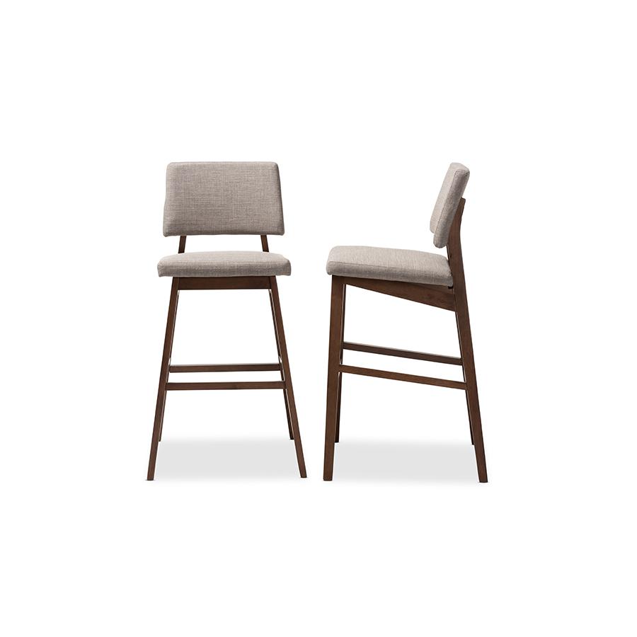 Baxton Studio Colton Mid-Century Modern Light Gray Fabric Upholstered and Walnut-Finished Wood Bar Stool Set. Picture 4