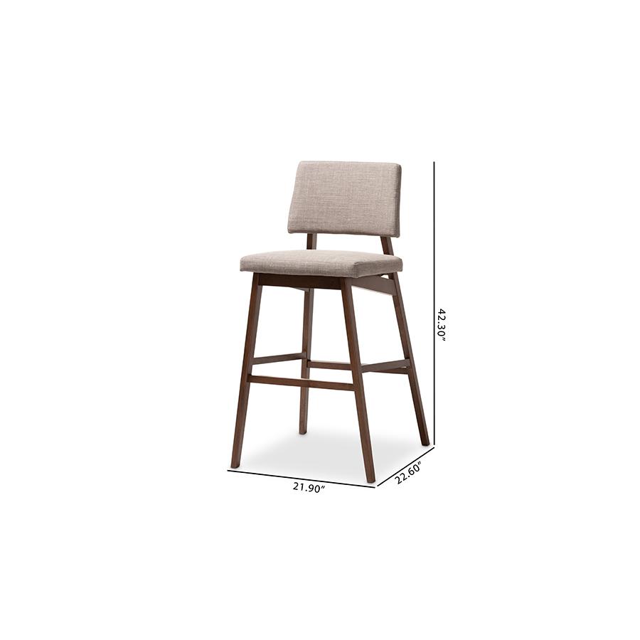 Baxton Studio Colton Mid-Century Modern Light Gray Fabric Upholstered and Walnut-Finished Wood Bar Stool Set. Picture 8